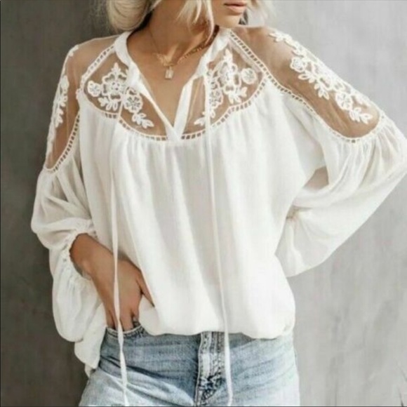 CLOSEOUT SALE! 4 LEFT!New! Boho Chiffon Lace Flowy Chiffon Top Blouse Top - Picture 2 of 6